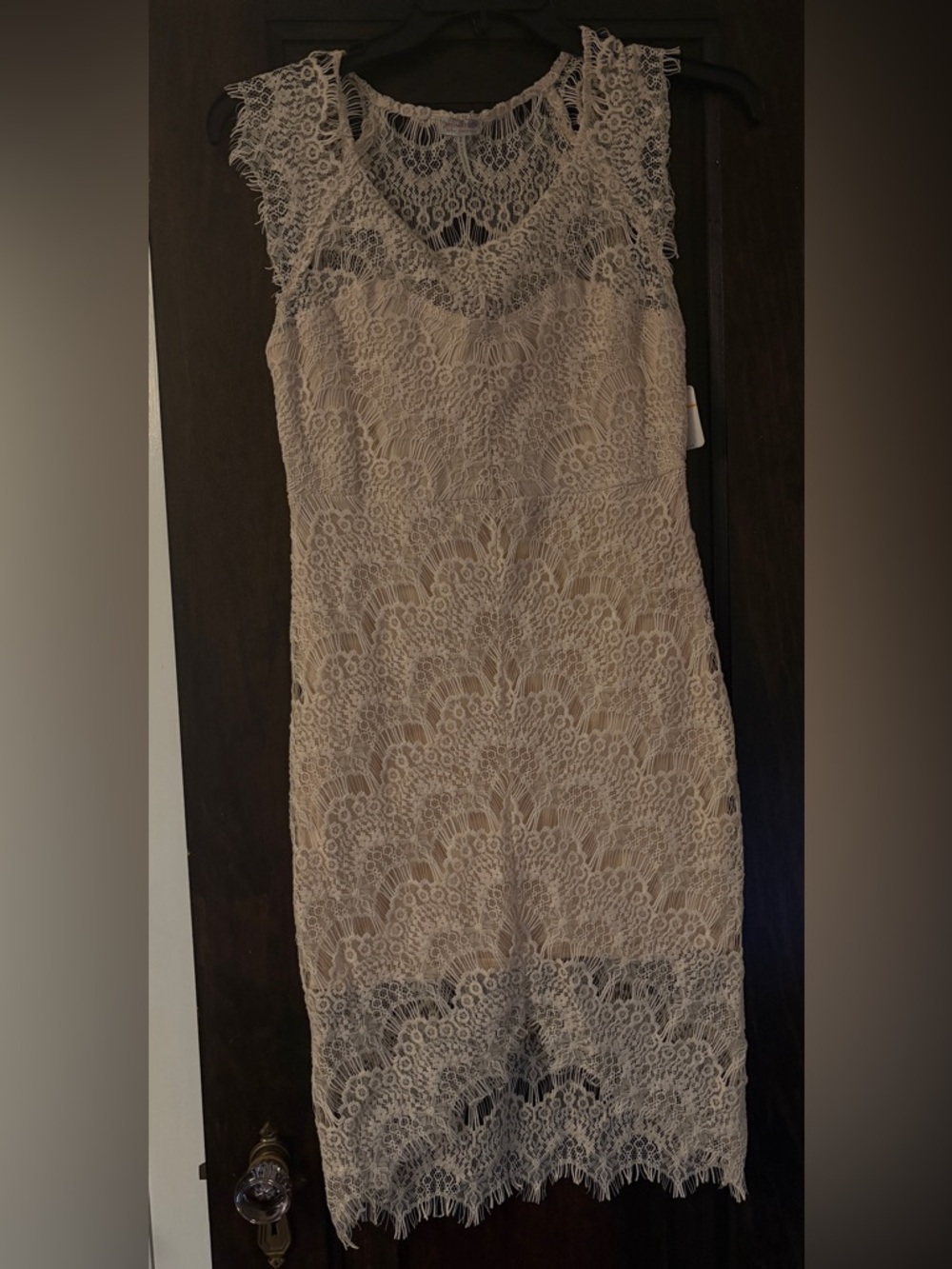 Sand Lace Midi Dress - Sleeveless Scallop Overlay